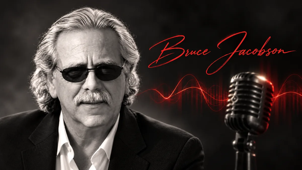 Bruce Jacobson beside a vintage studio microphone, with his name in red script